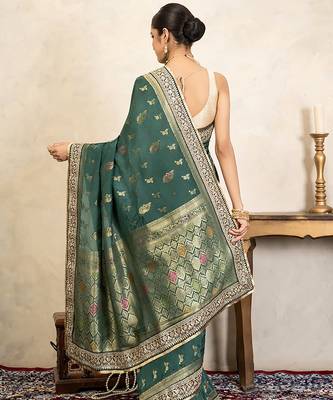 Teal green handloom pure katan silk saree 2