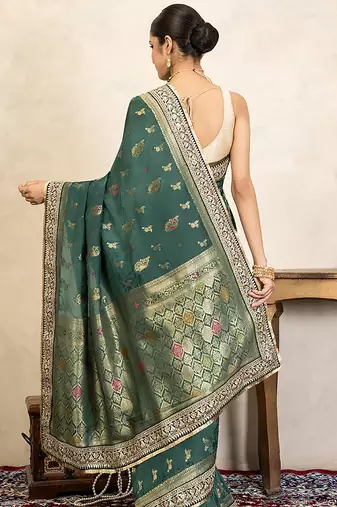 Teal green handloom pure katan silk saree