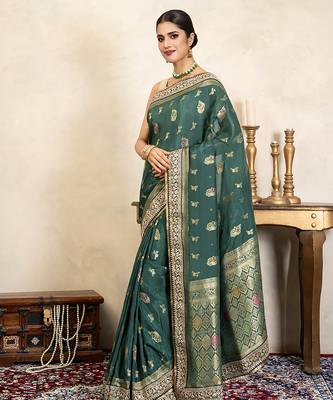Teal green handloom pure katan silk saree 3