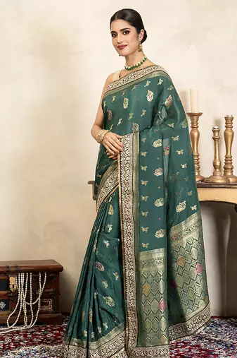 Teal green handloom pure katan silk saree