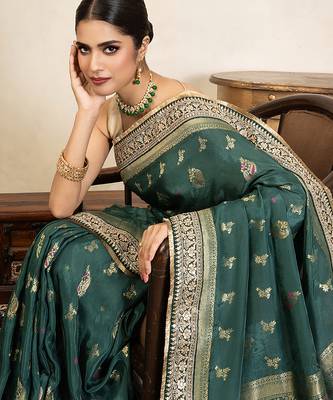 Teal green handloom pure katan silk saree 4