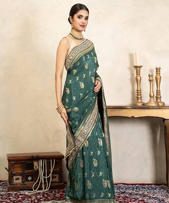 Teal green handloom pure katan silk saree 5