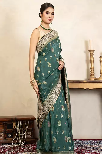 Teal green handloom pure katan silk saree