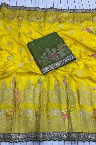 Yellow Color embroidery cording sequance and thread work  Dolla Silk Saree