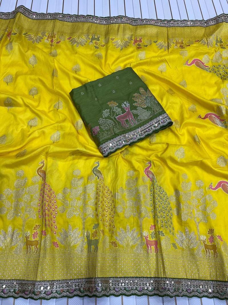 Yellow Color embroidery cording sequin and thread work Dolla silk blend Saree