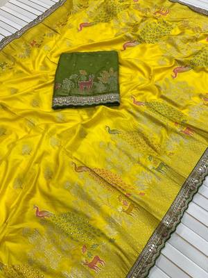 yellow silk blend saree with cording sequins work 2