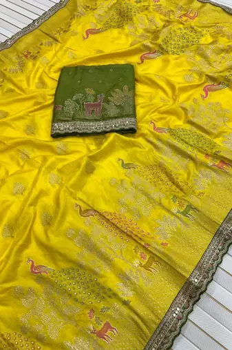 yellow silk blend saree with cording sequins work