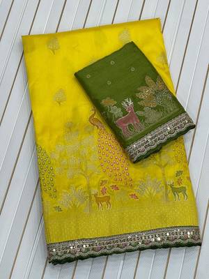 yellow silk blend saree with cording sequins work 3