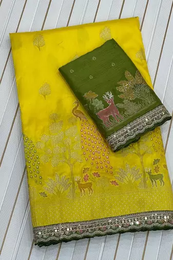 yellow silk blend saree with cording sequins work