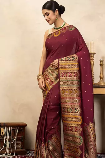 Maroon handloom pure katan silk saree