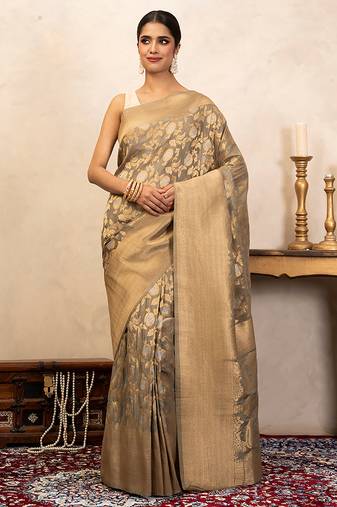 Grey Handloom Pure Katan Silk Saree 