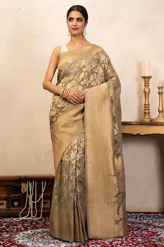 Grey Handloom Pure Katan Silk Saree 