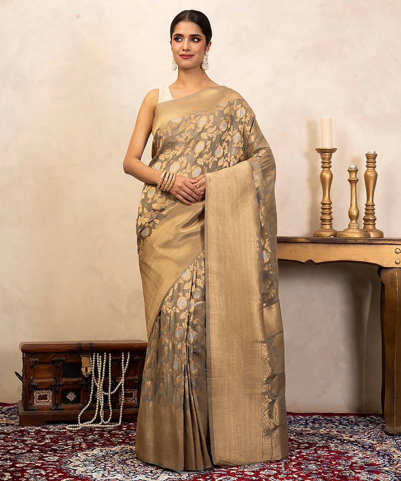 Grey Handloom Pure Katan Silk Saree 