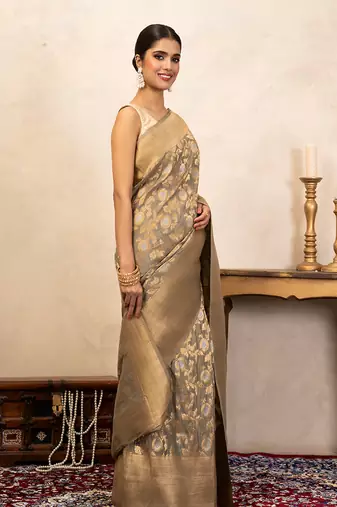 Grey Handloom Pure Katan Silk Saree 