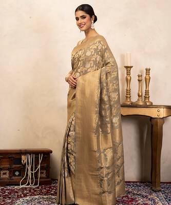 Grey Handloom Pure Katan Silk Saree  3