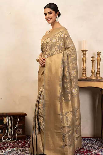 Grey Handloom Pure Katan Silk Saree 