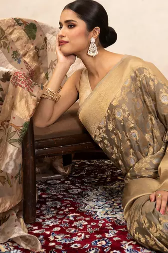 Grey Handloom Pure Katan Silk Saree 