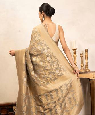 Grey Handloom Pure Katan Silk Saree  5