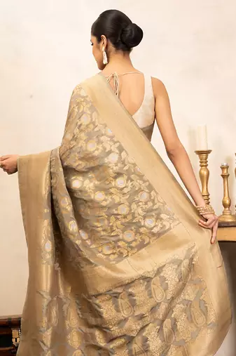 Grey Handloom Pure Katan Silk Saree 