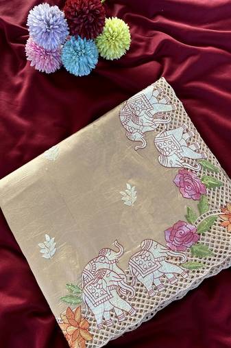 Beige Color embrodied elephant design panel with cutwork and hole work Silk Saree
