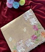 Beige Embrodied Elephant Design Panel With Cutwork And Hole Work Art Silk Saree