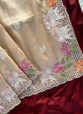 Beige Color embrodied elephant design panel with cutwork and hole work art silk saree 2