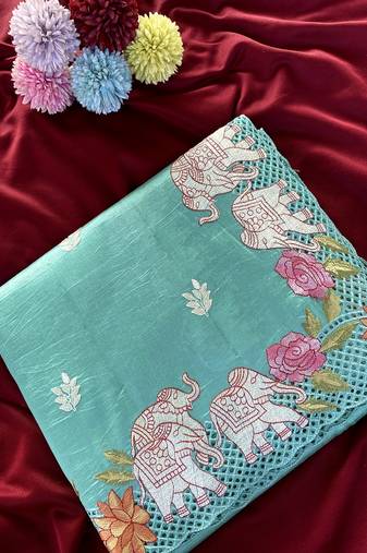 Blue Color embrodied elephant design panel with cutwork and hole work Silk Saree