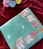 Blue Color embrodied elephant design panel with cutwork and hole work Silk Saree