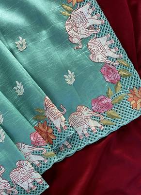 Blue Color embrodied elephant design panel with cutwork and hole work art silk saree 2