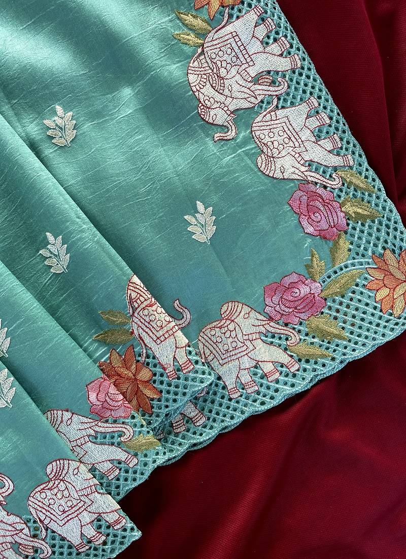 Blue Color embrodied elephant design panel with cutwork and hole work Silk Saree