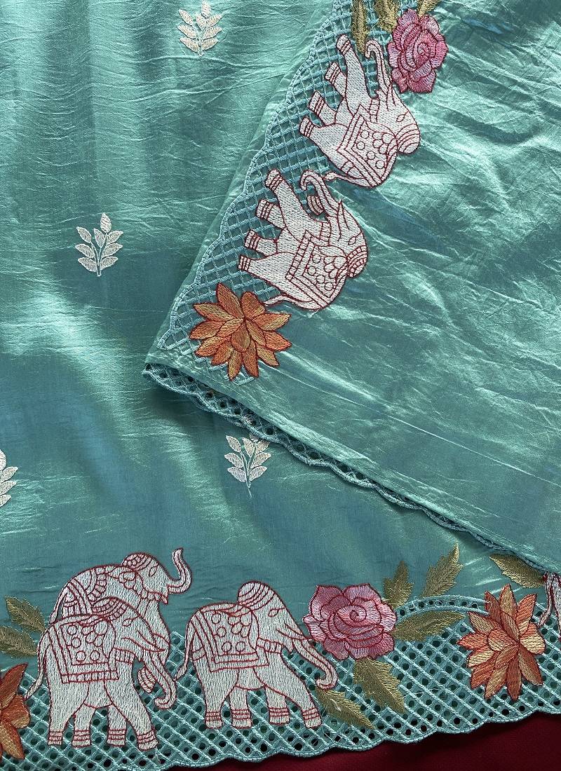 Blue Color embrodied elephant design panel with cutwork and hole work Silk Saree