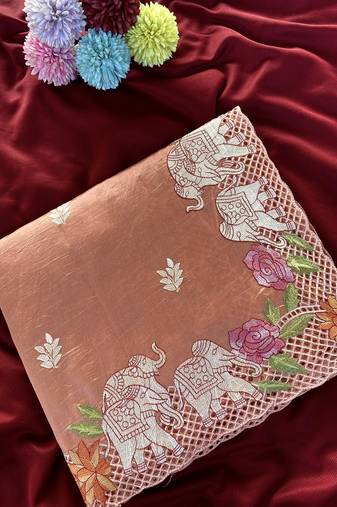 Peach Color embrodied elephant design panel with cutwork and hole work Silk Saree