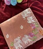 Peach Embrodied Elephant Design Panel With Cutwork And Hole Work Art Silk Saree