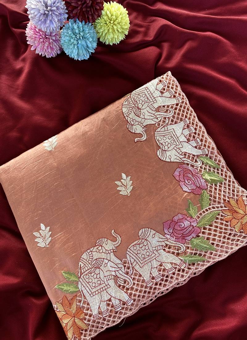 Peach Color embrodied elephant design panel with cutwork and hole work Silk Saree