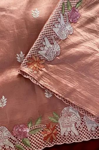 Peach Color embrodied elephant design panel with cutwork and hole work art silk saree