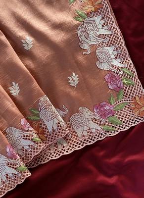 Peach Color embrodied elephant design panel with cutwork and hole work art silk saree 3