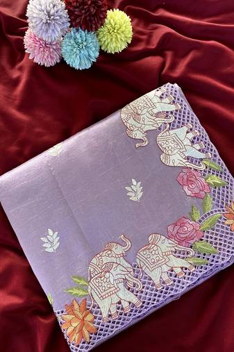 Purple Color embrodied elephant design panel with cutwork and hole work Silk Saree
