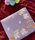 Purple Embrodied Elephant Design Panel With Cutwork And Hole Work Art Silk Saree