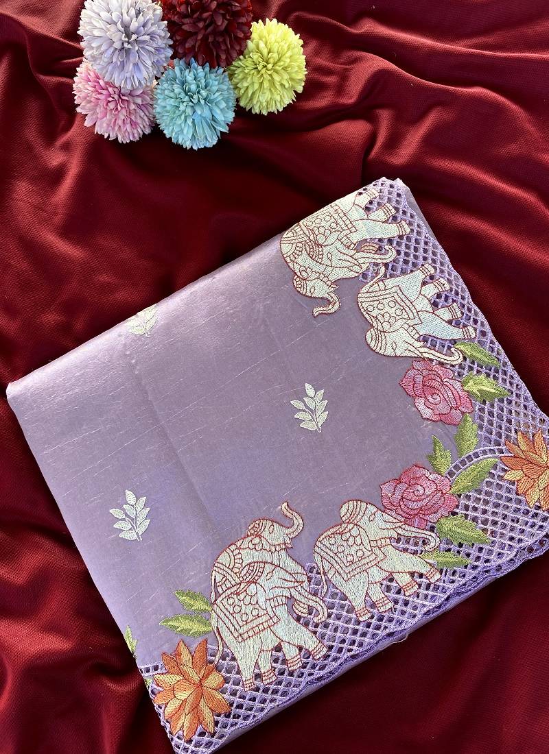Purple Color embrodied elephant design panel with cutwork and hole work Silk Saree