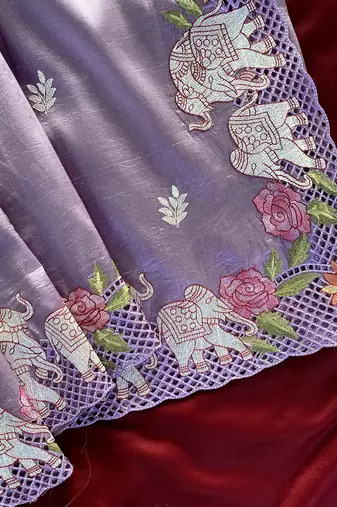 Purple Color embrodied elephant design panel with cutwork and hole work art silk saree
