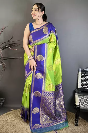 parrot green soft silk gold zari woven butta faux banarasi saree