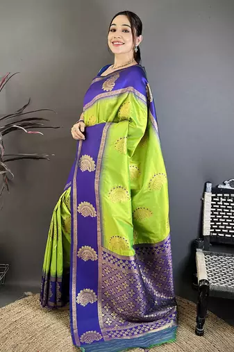 parrot green soft silk banarasi saree with butta work