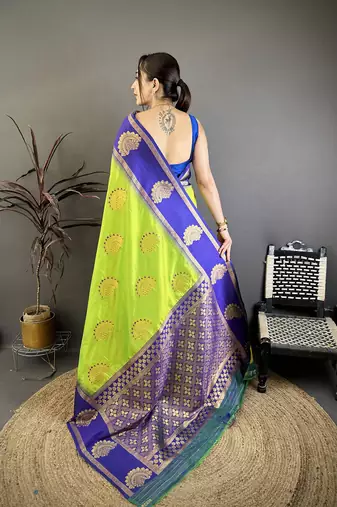 parrot green soft silk banarasi saree with butta work