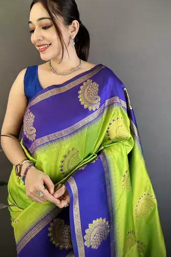 parrot green soft silk banarasi saree with butta work