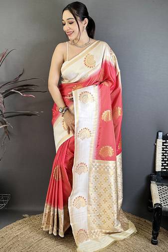 coral soft silk gold zari woven butta faux banarasi saree