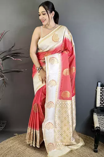 coral soft silk gold zari woven butta faux banarasi saree