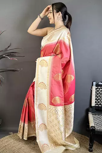coral soft silk banarasi saree with butta work