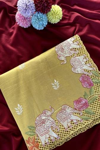 Yellow Color embrodied elephant design panel with cutwork and hole work Silk Saree