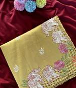 Yellow Embrodied Elephant Design Panel With Cutwork And Hole Work Art Silk Saree