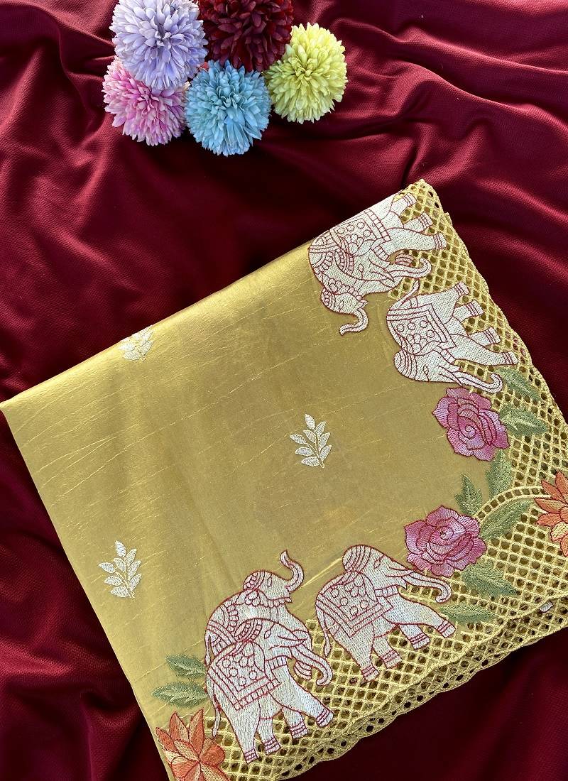Yellow Color embrodied elephant design panel with cutwork and hole work Silk Saree